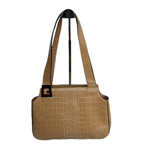 GUESS Tan Croc-Embossed Leather Double-Handle Shoulder Bag - Picture 1 of 12